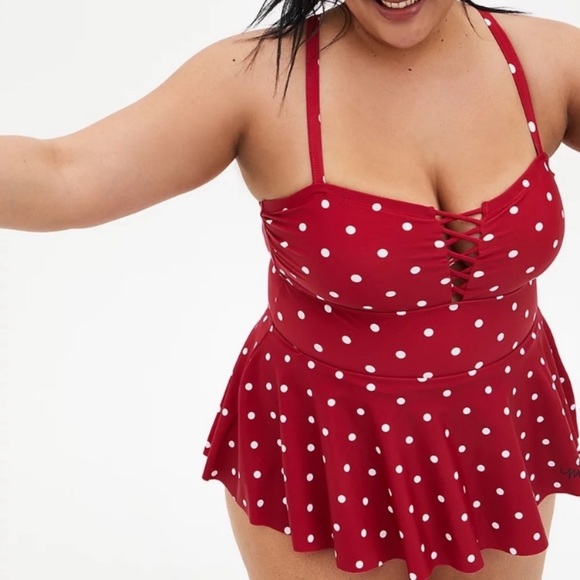Torrid Disney Minnie Mouse Red Dot Retro Lattice Peplum Swim Dress Swimsuit 3X - Picture 4 of 16